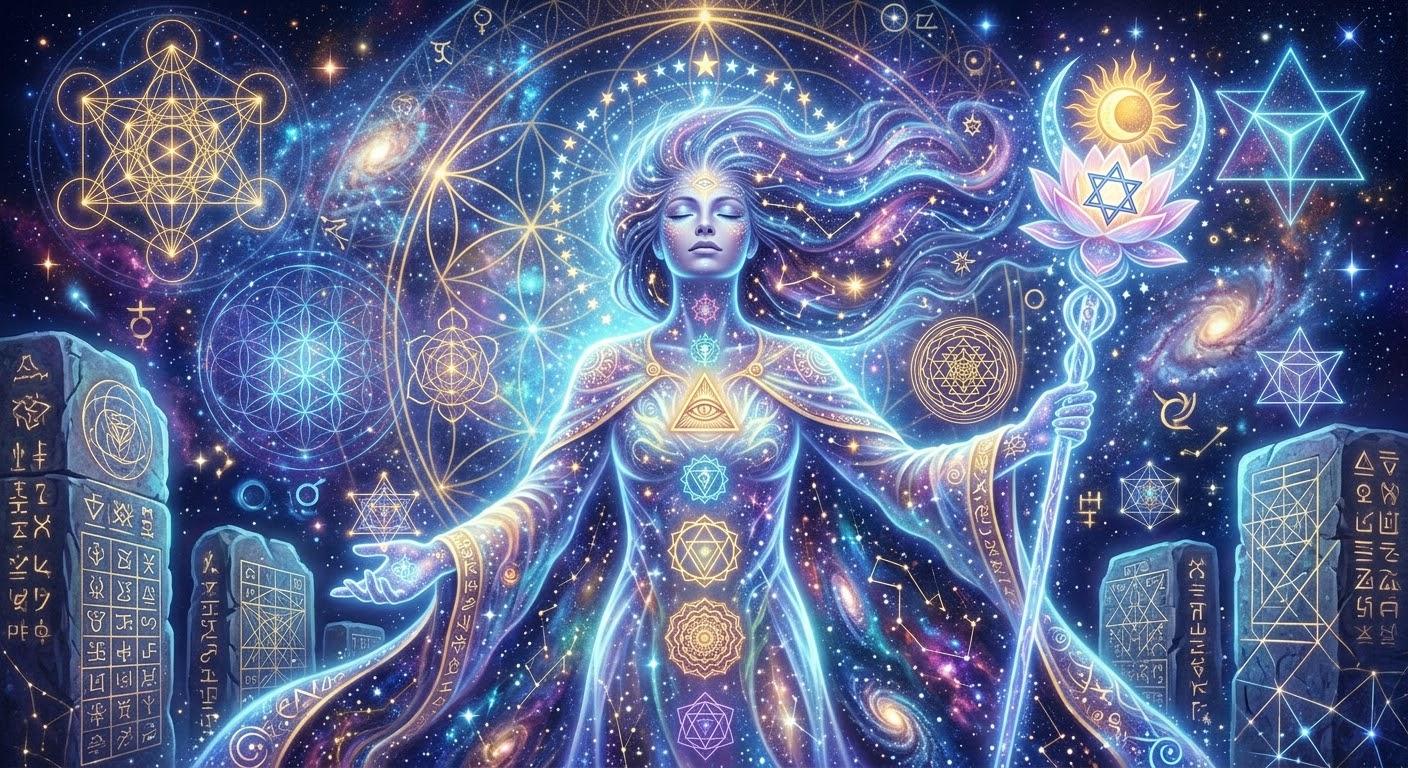 Cosmic geometry oracle — chakras, flower of life, Metatron lattice